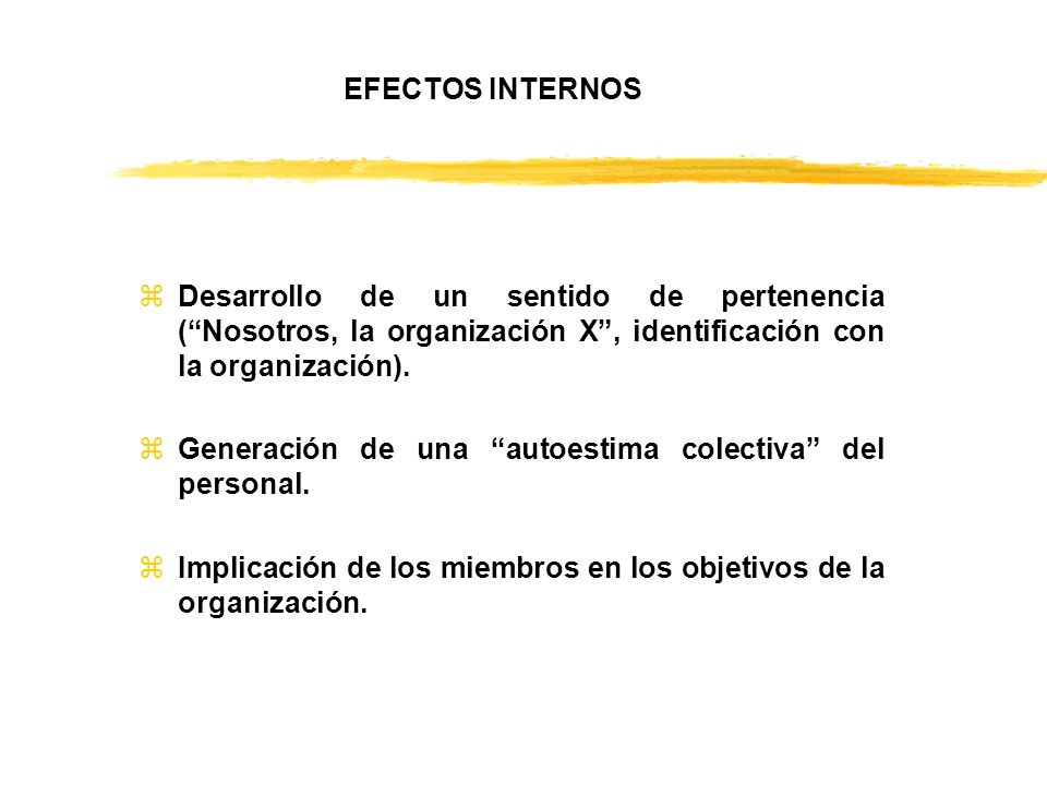 EFECTOS INTERNOS Desarrollo de un sentido de pertenencia ( Nosotros, la organización X , identificación con la organización).