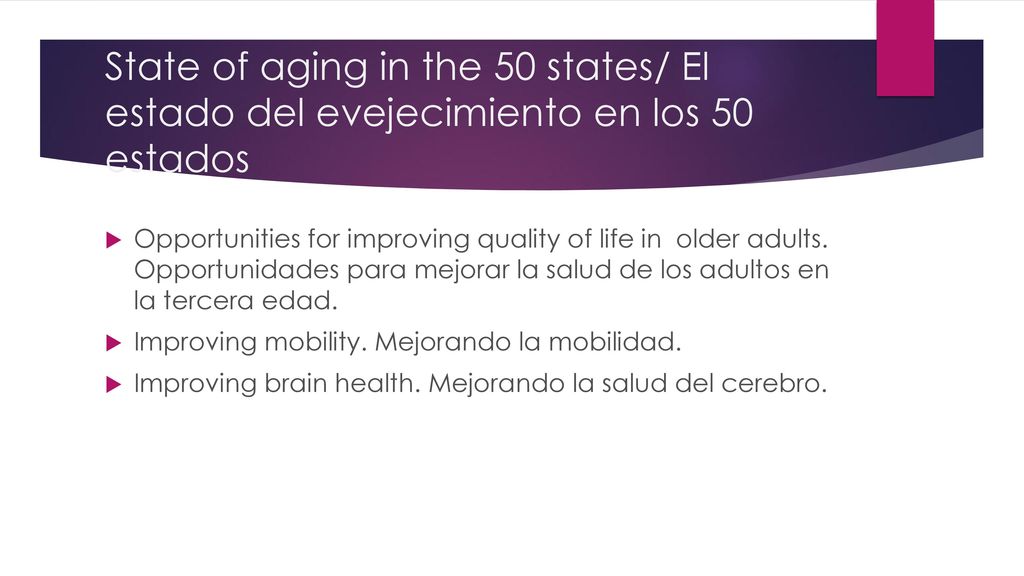 State of aging in the 50 states/ El estado del evejecimiento en los 50 estados