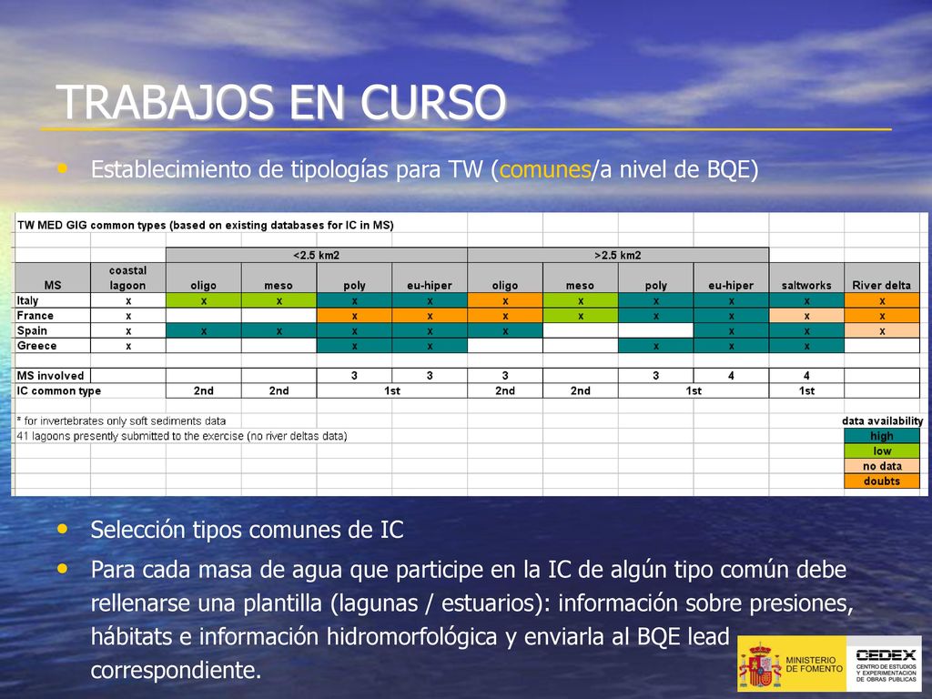 TRABAJOS EN CURSO Establecimiento de tipologías para TW (comunes/a nivel de BQE) Selección tipos comunes de IC.