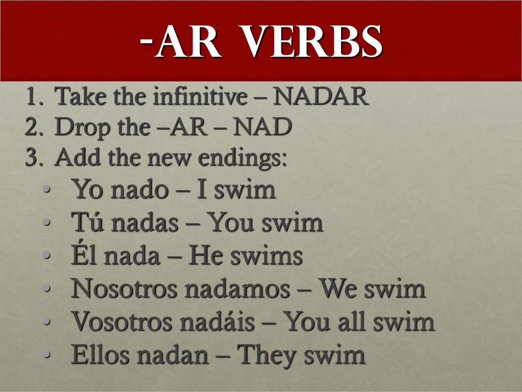 -AR verbs Yo nado – I swim Tú nadas – You swim Él nada – He swims