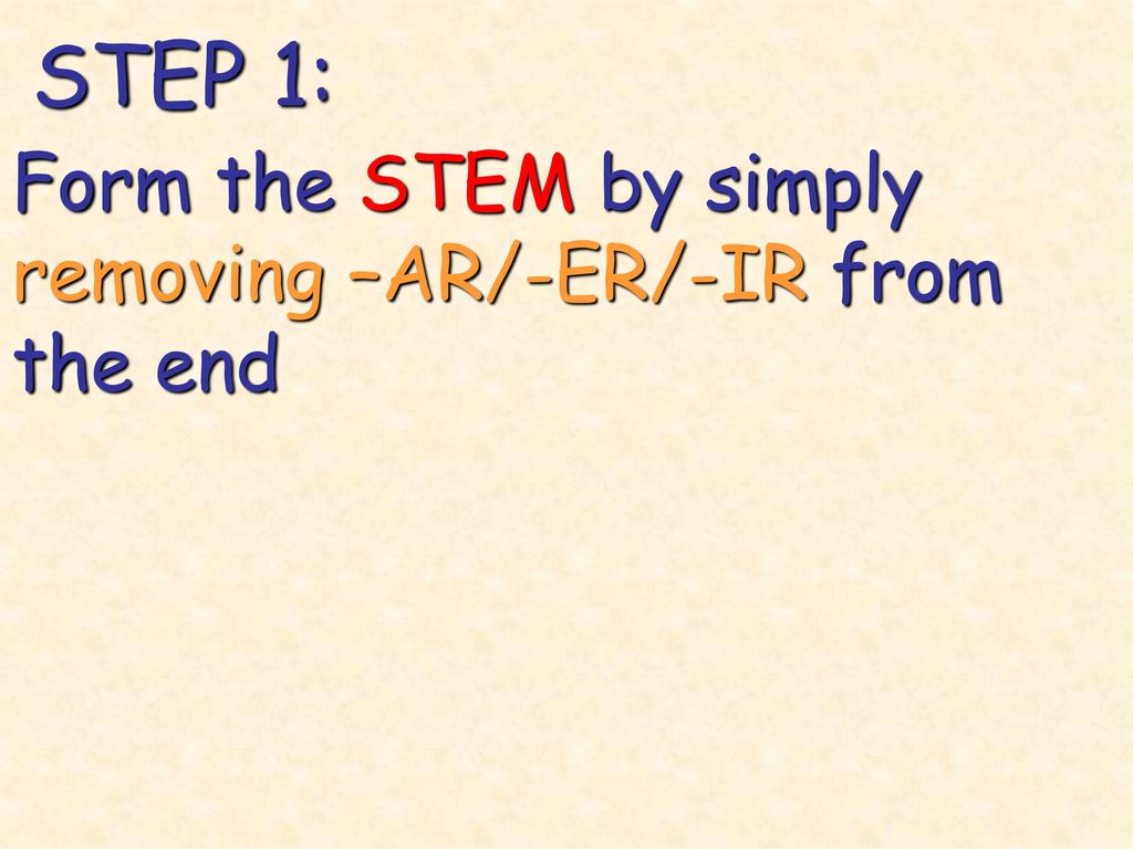 STEP 1: Form the STEM by simply removing –AR/-ER/-IR from the end