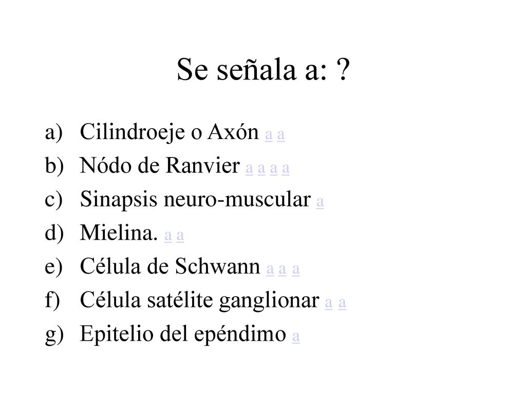 Se señala a: Cilindroeje o Axón a a Nódo de Ranvier a a a a