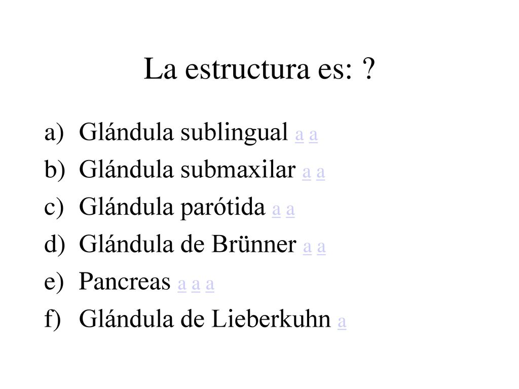 La estructura es: Glándula sublingual a a Glándula submaxilar a a
