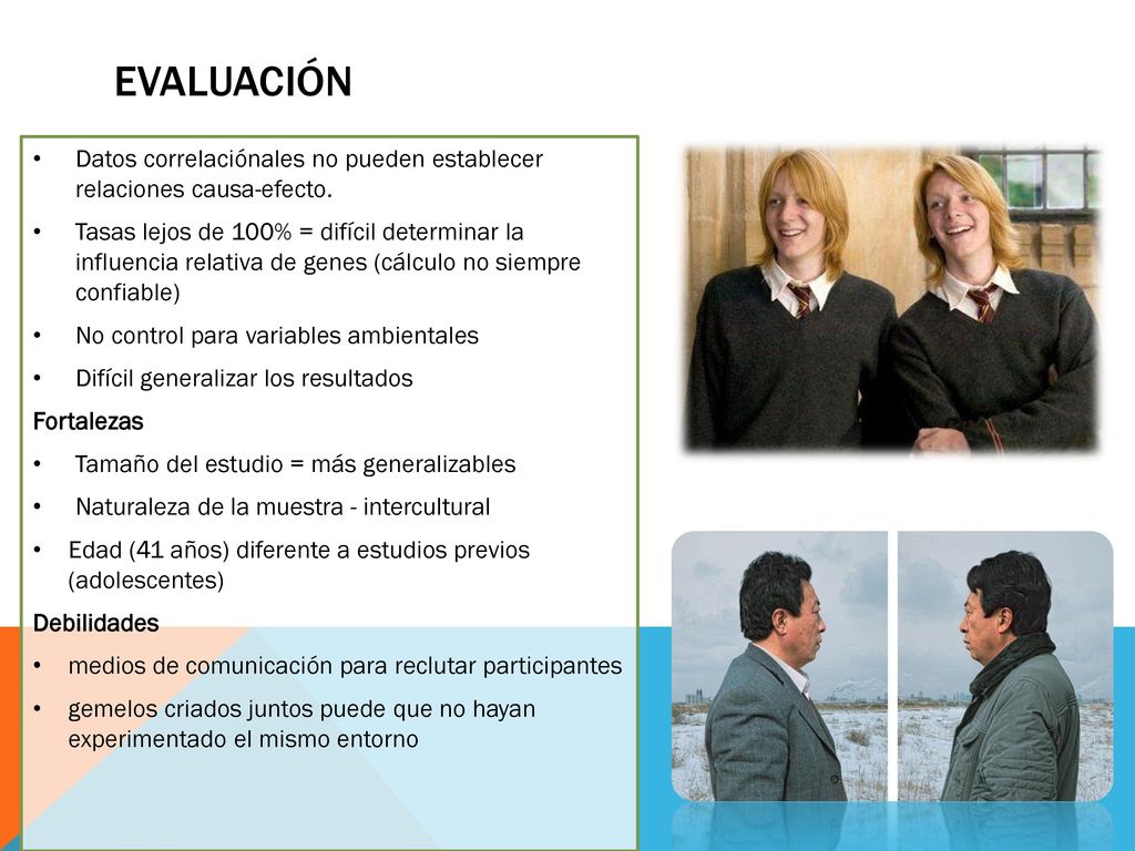 evaluación Datos correlaciónales no pueden establecer relaciones causa-efecto.