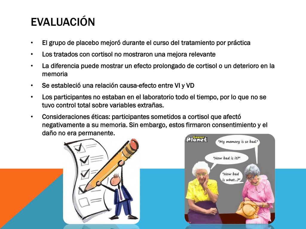 Evaluación El grupo de placebo mejoró durante el curso del tratamiento por práctica. Los tratados con cortisol no mostraron una mejora relevante.
