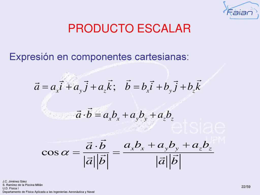 PRODUCTO ESCALAR Expresión en componentes cartesianas: