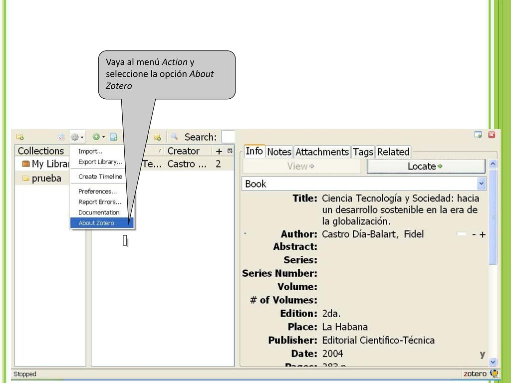 Vaya al menú Action y seleccione la opción About Zotero