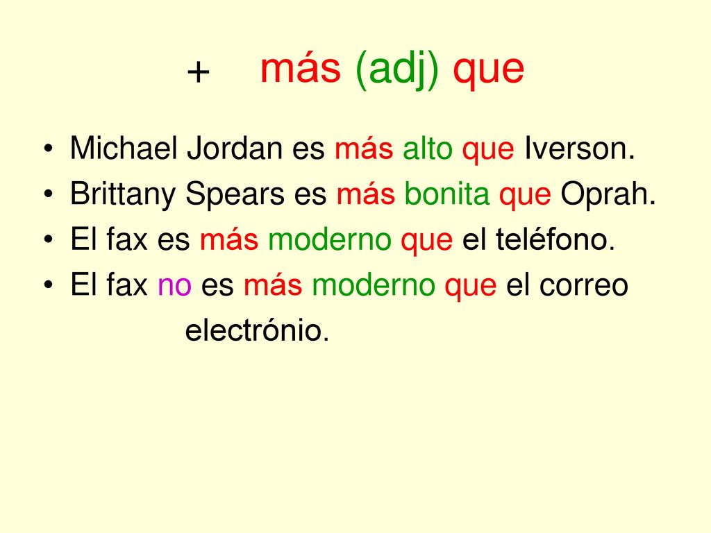 + más (adj) que Michael Jordan es más alto que Iverson.