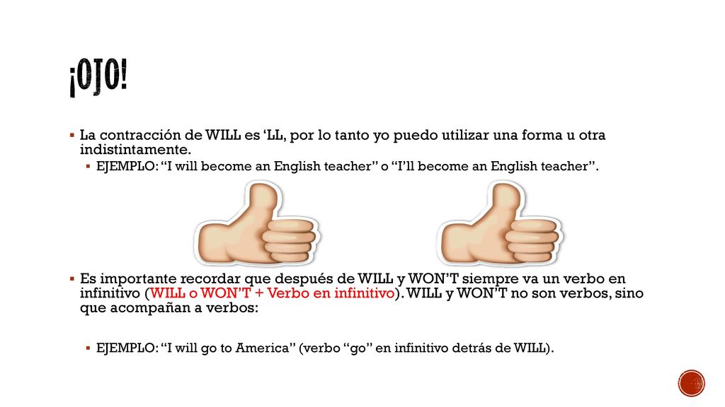 ¡OJO! La contracción de WILL es ‘LL, por lo tanto yo puedo utilizar una forma u otra indistintamente.