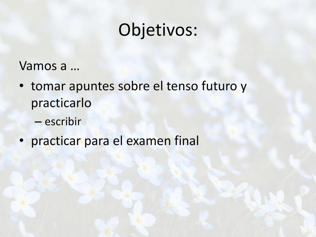 Objetivos: Vamos a … tomar apuntes sobre el tenso futuro y practicarlo