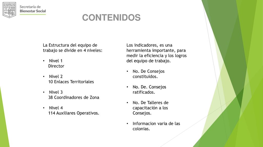 CONTENIDOS La Estructura del equipo de trabajo se divide en 4 niveles: