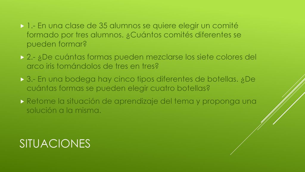1.- En una clase de 35 alumnos se quiere elegir un comité formado por tres alumnos. ¿Cuántos comités diferentes se pueden formar