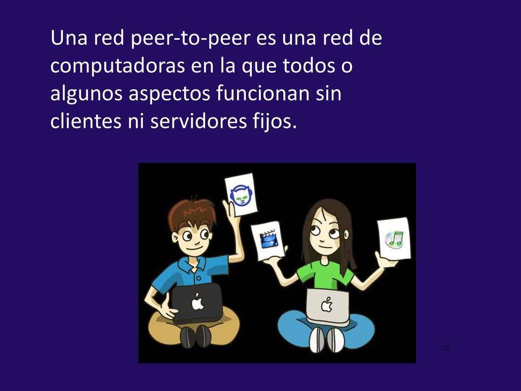 Una red peer-to-peer es una red de computadoras en la que todos o algunos aspectos funcionan sin clientes ni servidores fijos.