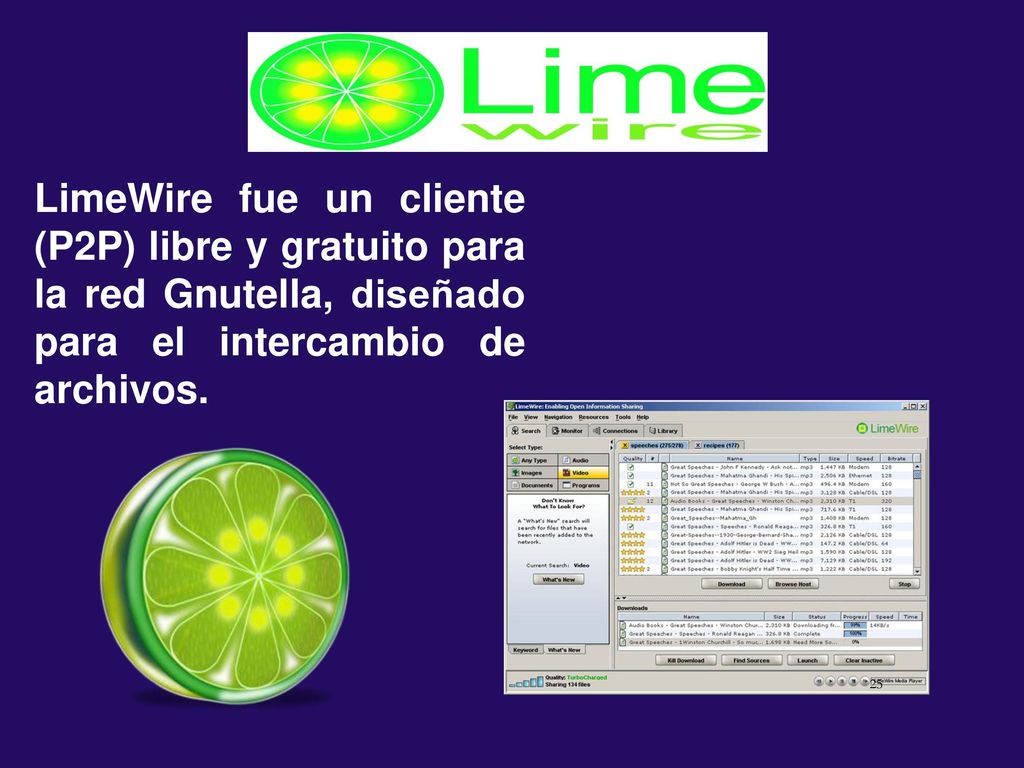 LimeWire fue un cliente (P2P) libre y gratuito para la red Gnutella, diseñado para el intercambio de archivos.