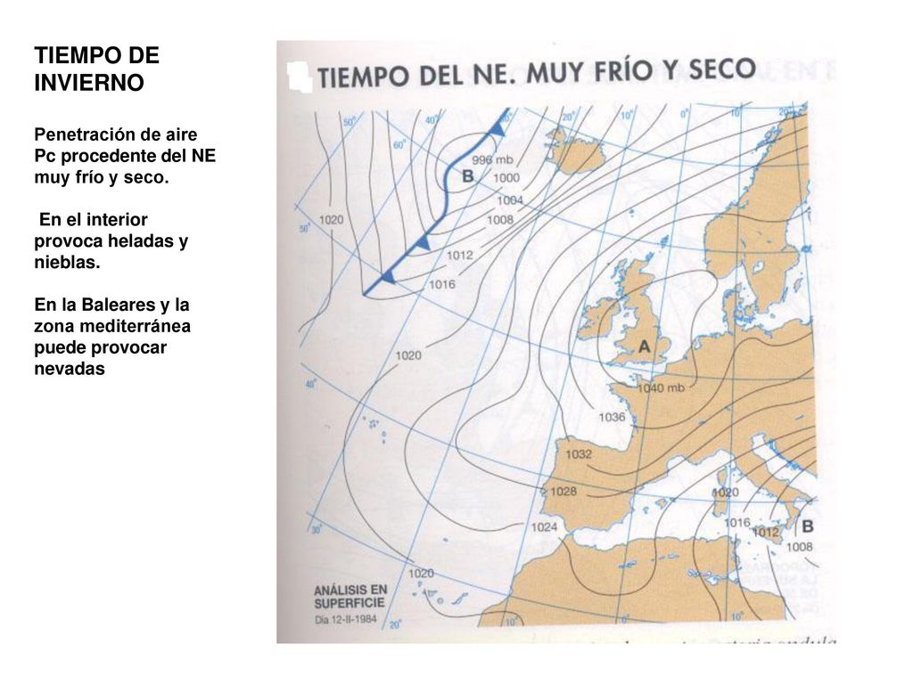 TIEMPO DE INVIERNO Penetración de aire Pc procedente del NE muy frío y seco.