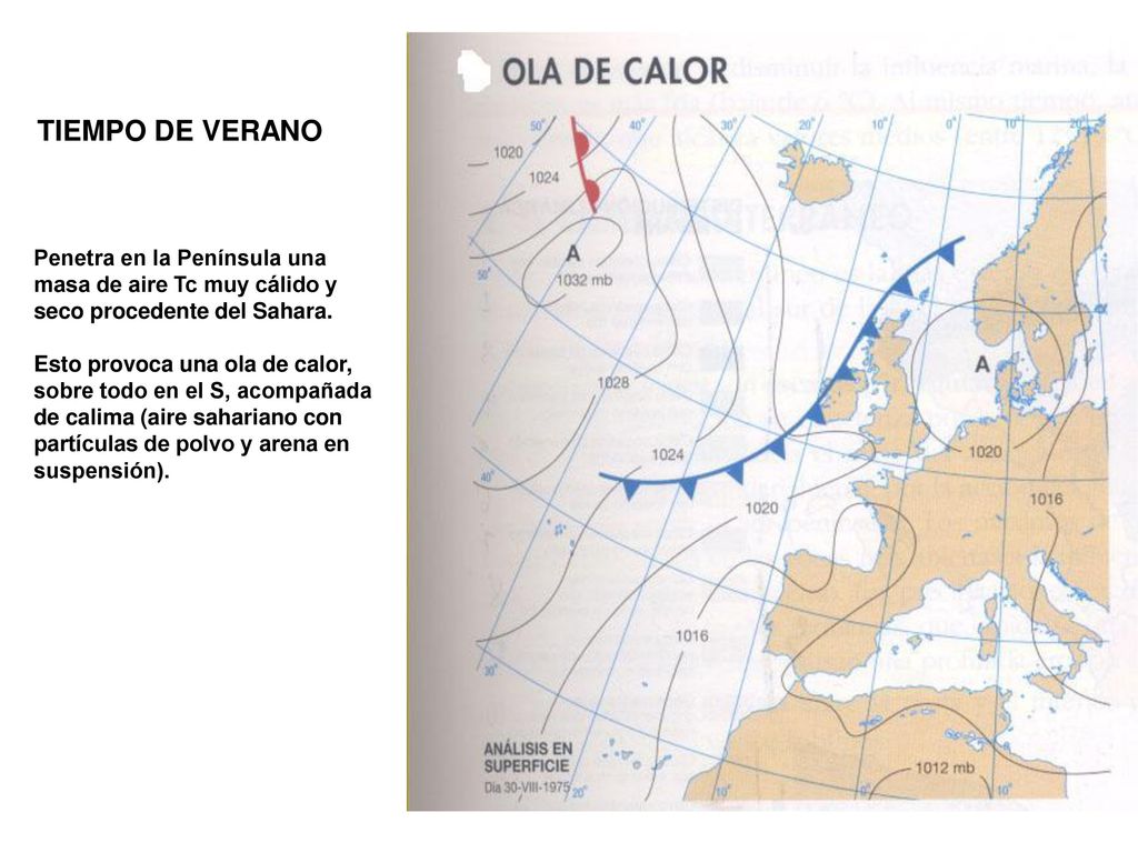 TIEMPO DE VERANO Penetra en la Península una masa de aire Tc muy cálido y seco procedente del Sahara.