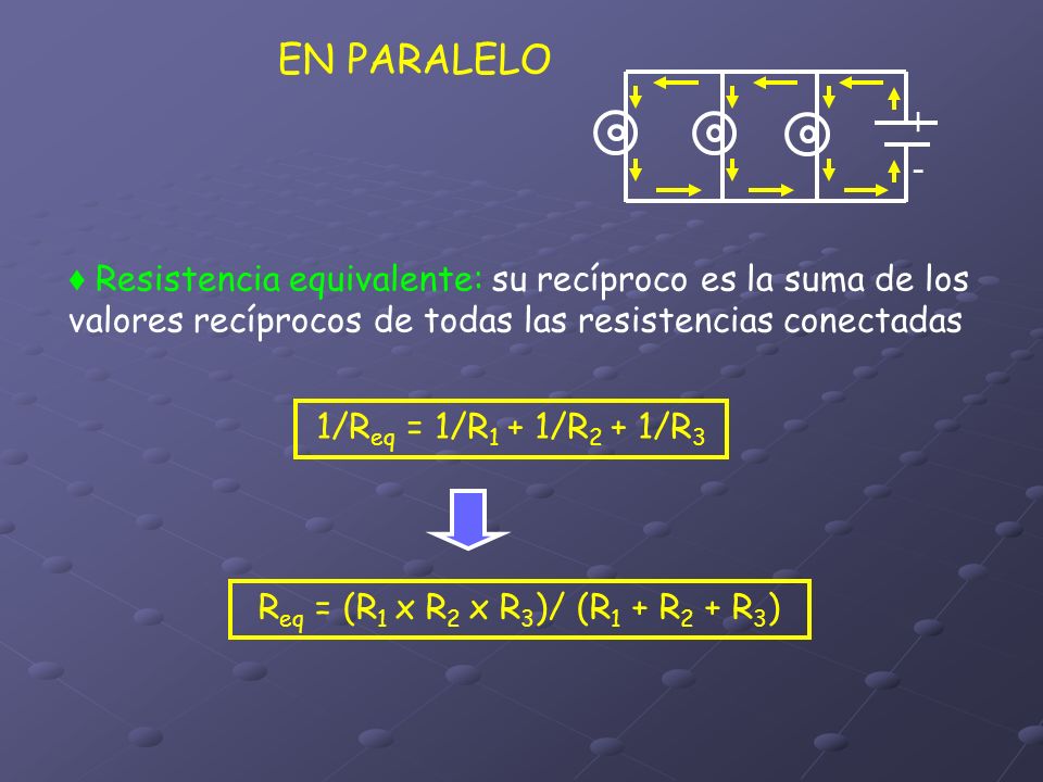 EN PARALELO + - ♦ Resistencia equivalente: su recíproco es la suma de los valores recíprocos de todas las resistencias conectadas.