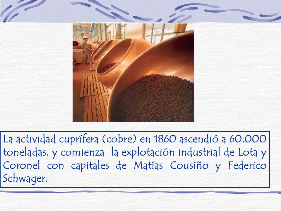 La actividad cuprífera (cobre) en 1860 ascendió a toneladas