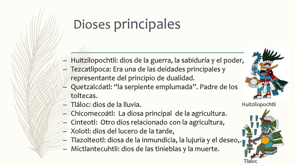 Dioses principales Huitzilopochtli: dios de la guerra, la sabiduría y el poder,