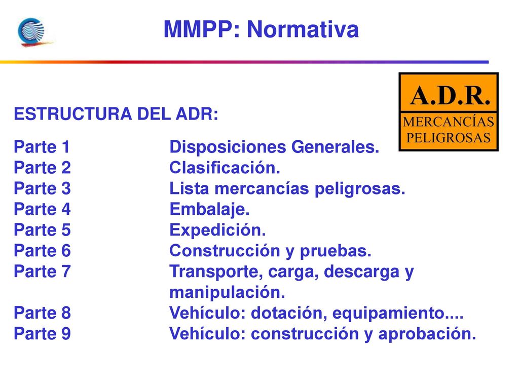 MMPP: Normativa ESTRUCTURA DEL ADR: Parte 1 Disposiciones Generales.