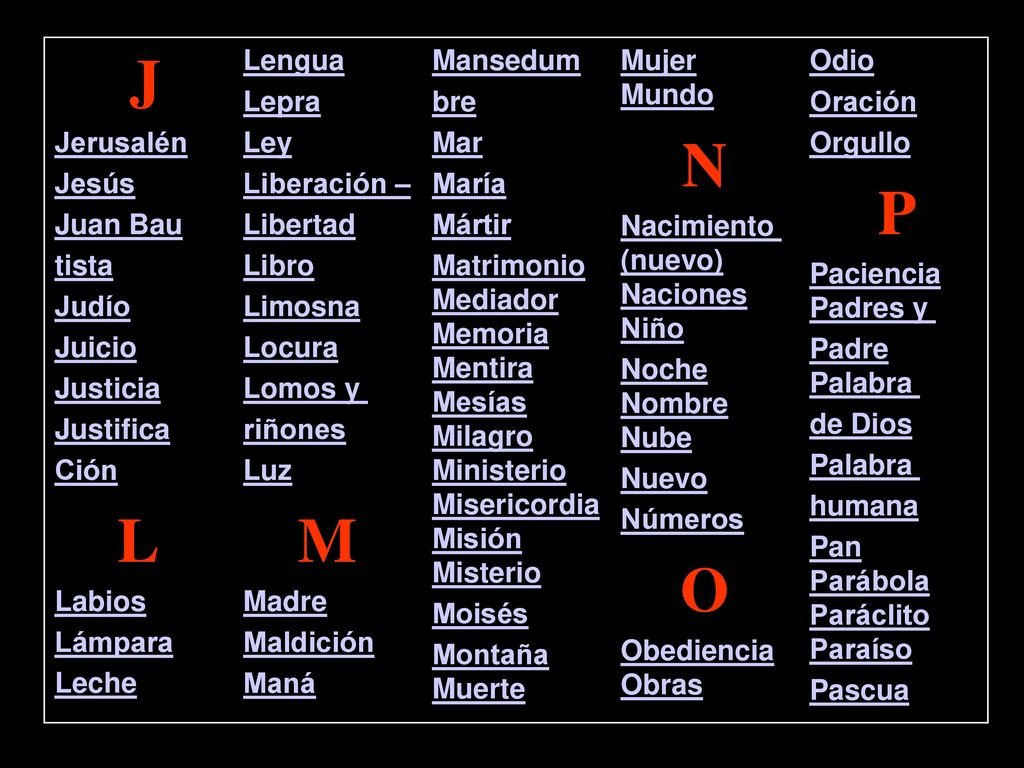 L M N O J Jerusalén Jesús Juan Bau tista Judío Juicio Justicia