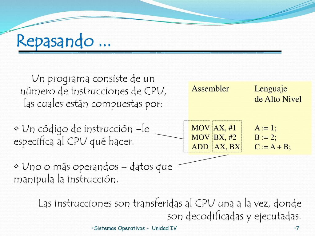 Repasando ... Un programa consiste de un número de instrucciones de CPU, las cuales están compuestas por: