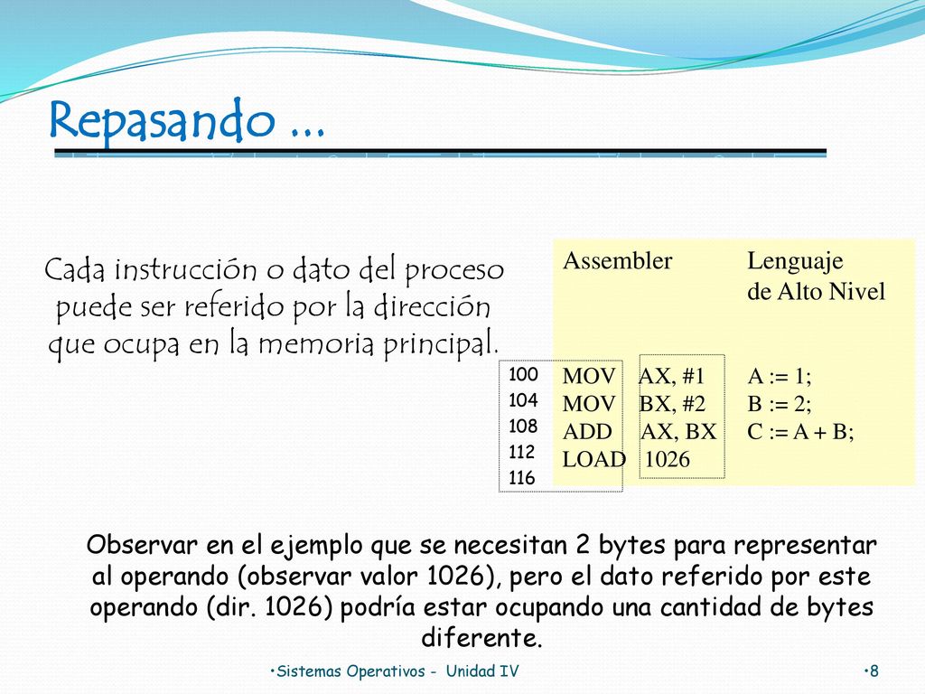 Repasando ... Assembler Lenguaje de Alto Nivel. MOV AX, #1 A := 1; MOV BX, #2 B := 2; ADD AX, BX C := A + B;