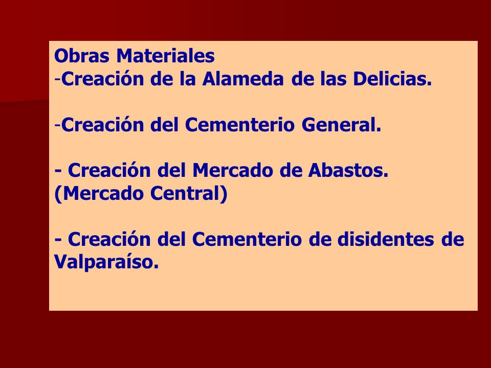 Obras Materiales Creación de la Alameda de las Delicias. Creación del Cementerio General. - Creación del Mercado de Abastos. (Mercado Central)