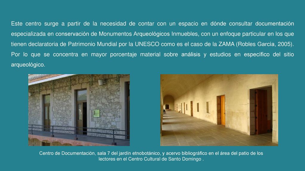 Este centro surge a partir de la necesidad de contar con un espacio en dónde consultar documentación especializada en conservación de Monumentos Arqueológicos Inmuebles, con un enfoque particular en los que tienen declaratoria de Patrimonio Mundial por la UNESCO como es el caso de la ZAMA (Robles García, 2005). Por lo que se concentra en mayor porcentaje material sobre análisis y estudios en específico del sitio arqueológico.