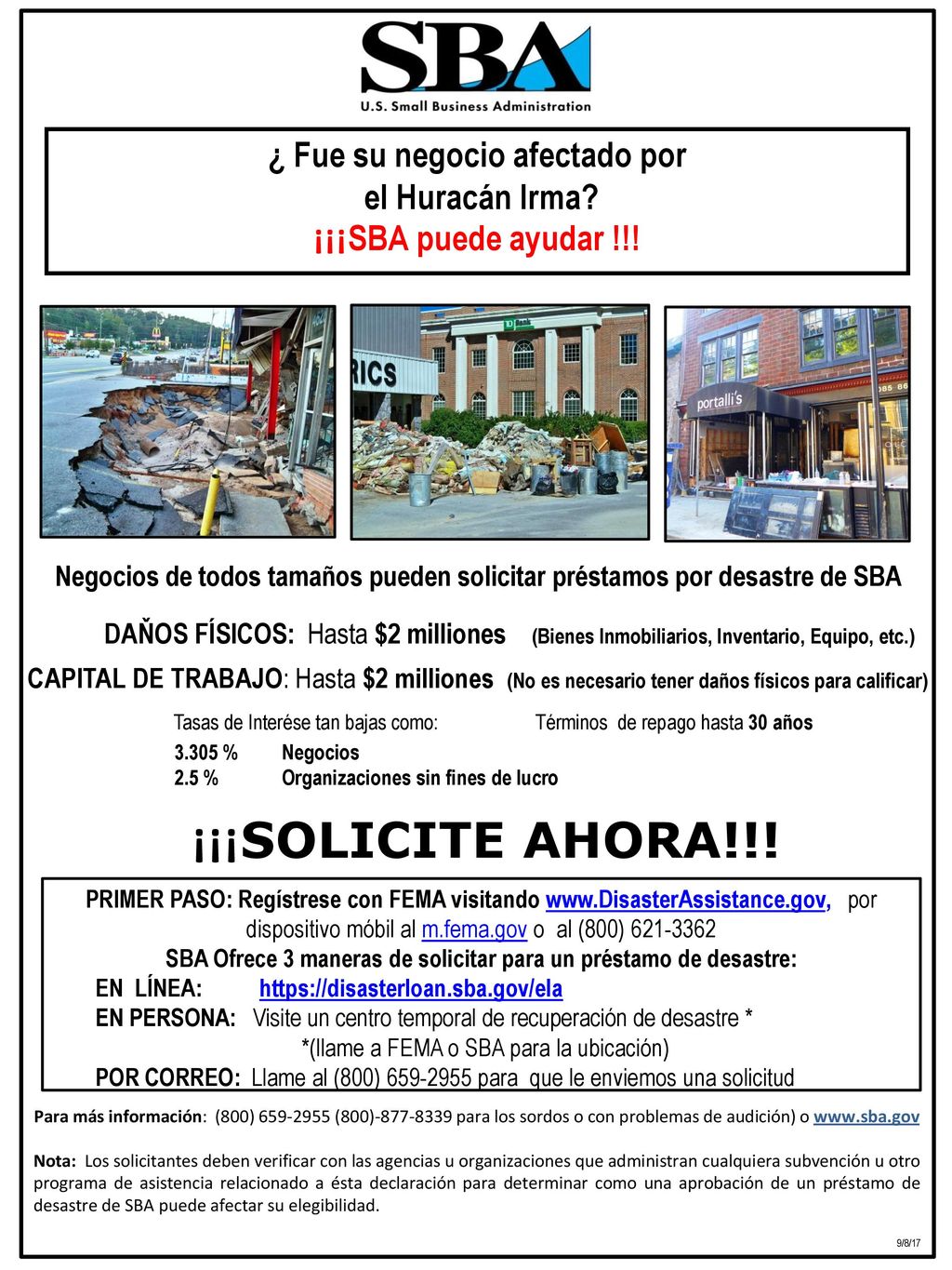 ¿ Fue su negocio afectado por el Huracán Irma ¡¡¡SBA puede ayudar !!!