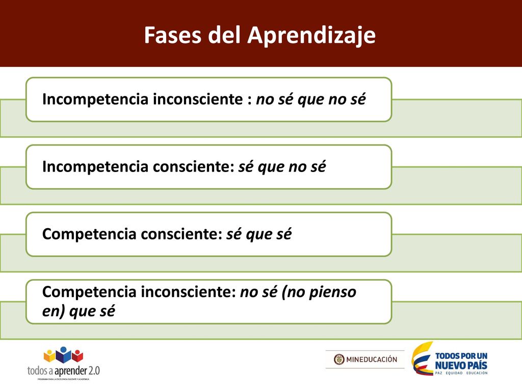 Fases del Aprendizaje Incompetencia inconsciente : no sé que no sé