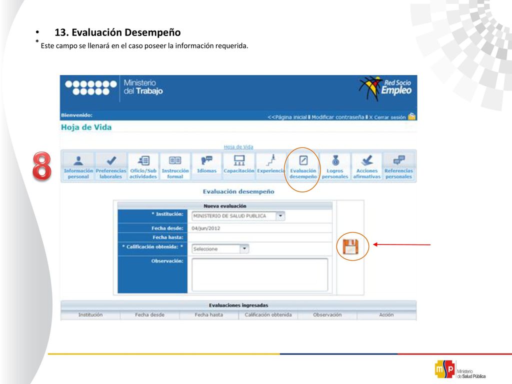 13. Evaluación Desempeño * Este campo se llenará en el caso poseer la información requerida. 8