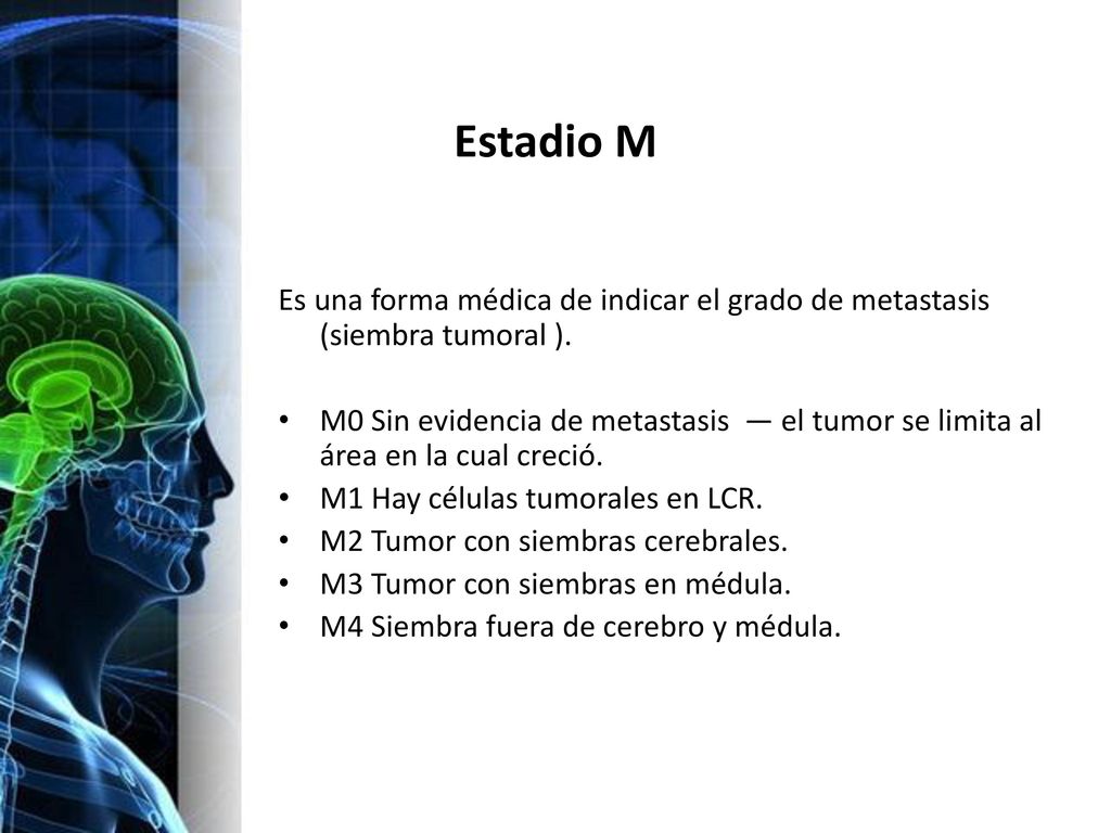 Estadio M Es una forma médica de indicar el grado de metastasis (siembra tumoral ).