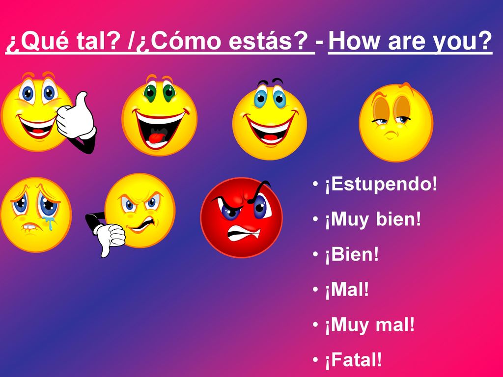¿Qué tal /¿Cómo estás - How are you ¡Estupendo! ¡Muy bien! ¡Bien!