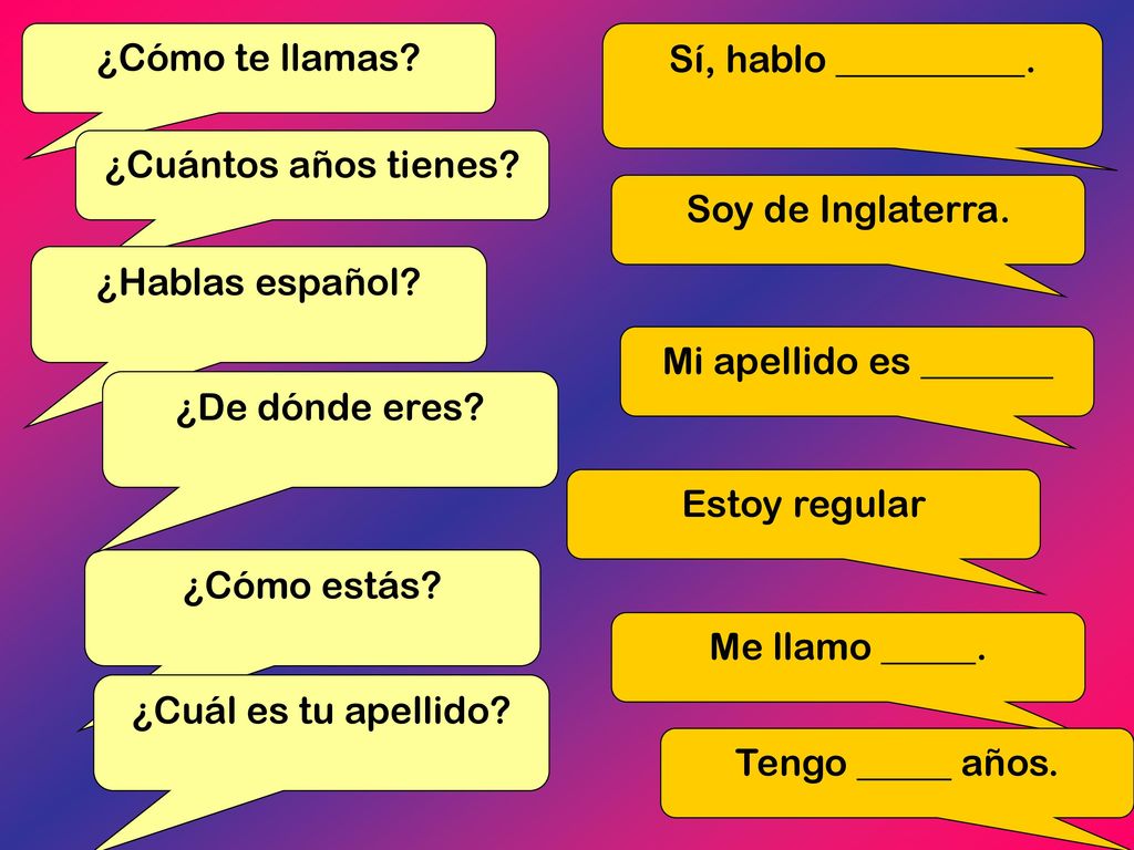 ¿Cómo te llamas Sí, hablo __________. ¿Cuántos años tienes Soy de Inglaterra. ¿Hablas español
