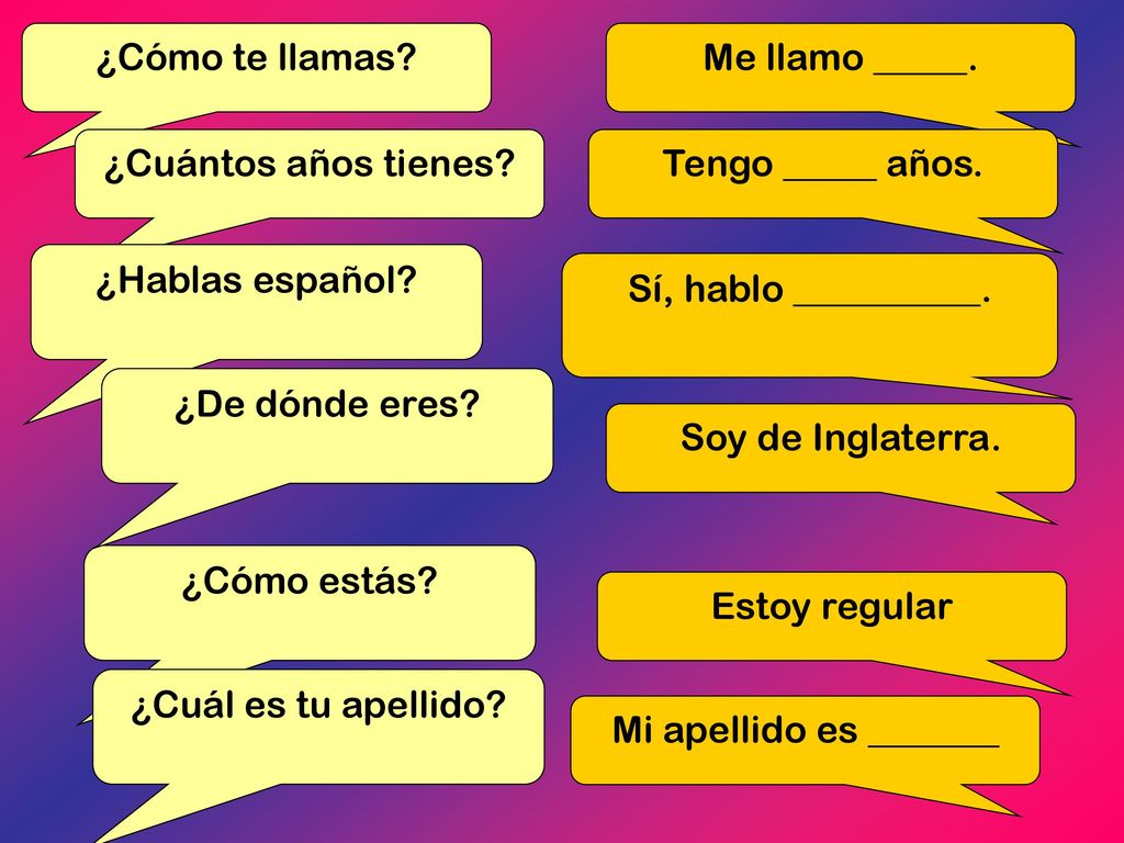 ¿Cómo te llamas Me llamo _____. ¿Cuántos años tienes Tengo _____ años. ¿Hablas español Sí, hablo __________.