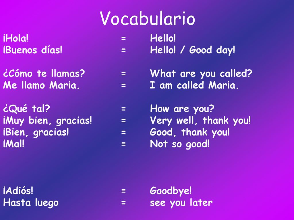 Vocabulario ¡Hola! = Hello! ¡Buenos días! = Hello! / Good day!