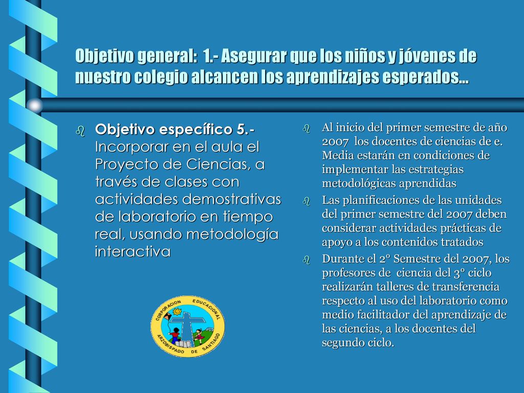 Objetivo general: 1.- Asegurar que los niños y jóvenes de nuestro colegio alcancen los aprendizajes esperados...