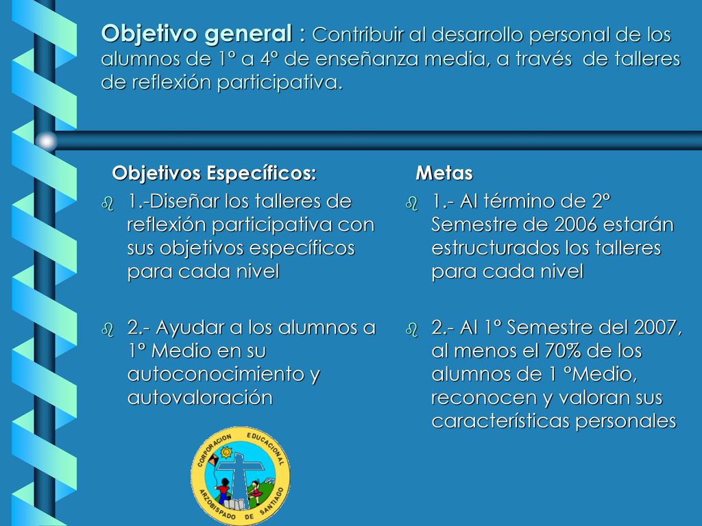 Objetivo general : Contribuir al desarrollo personal de los alumnos de 1° a 4° de enseñanza media, a través de talleres de reflexión participativa.