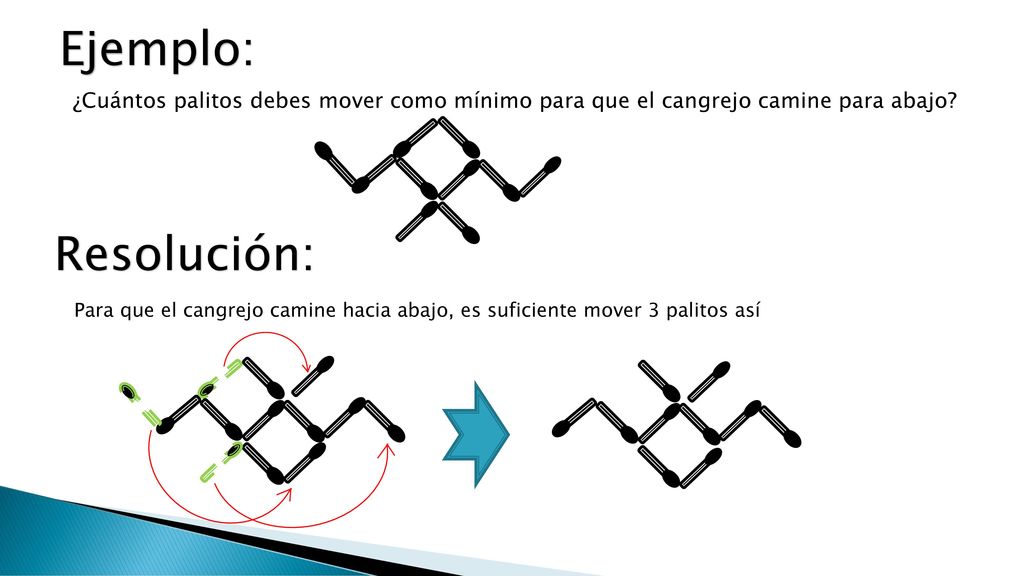 Ejemplo: ¿Cuántos palitos debes mover como mínimo para que el cangrejo camine para abajo Resolución: