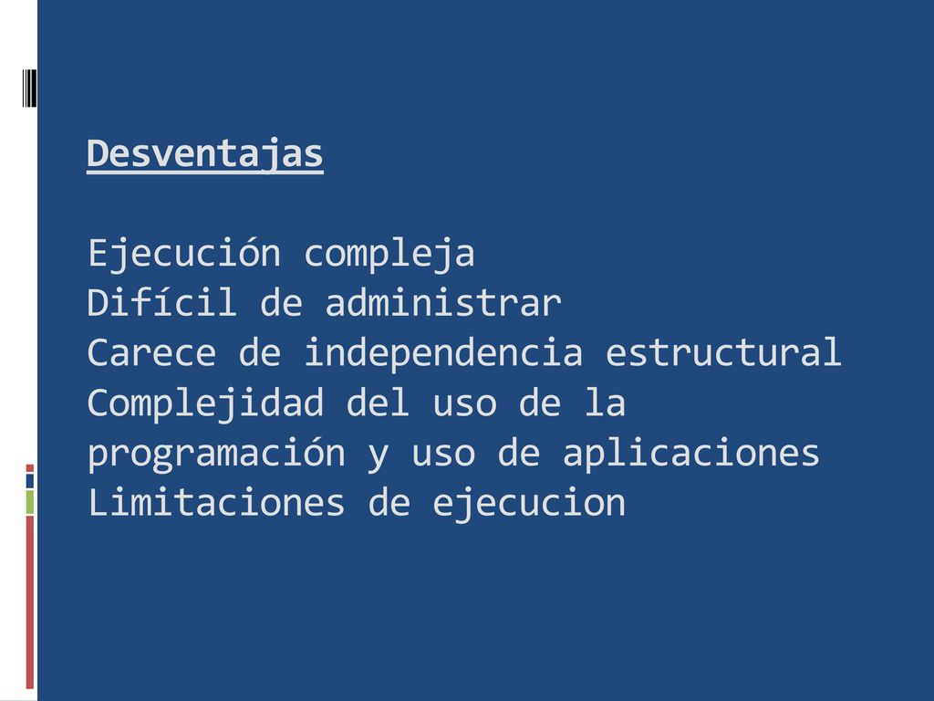 Desventajas Ejecución compleja. Difícil de administrar. Carece de independencia estructural.