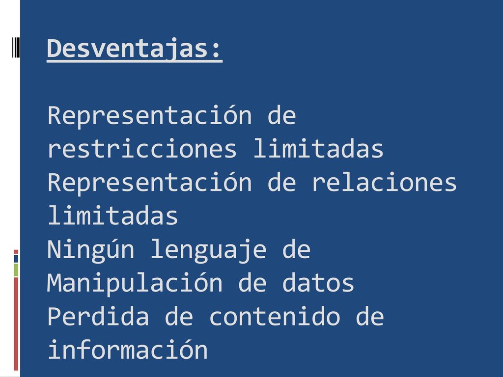 Desventajas: Representación de restricciones limitadas Representación de relaciones limitadas Ningún lenguaje de Manipulación de datos Perdida de contenido de información