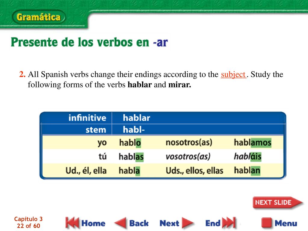 2. All Spanish verbs change their endings according to the ______