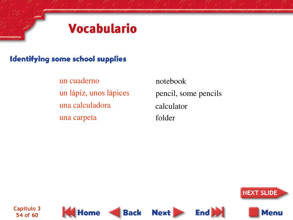 un cuaderno notebook un lápiz, unos lápices una calculadora