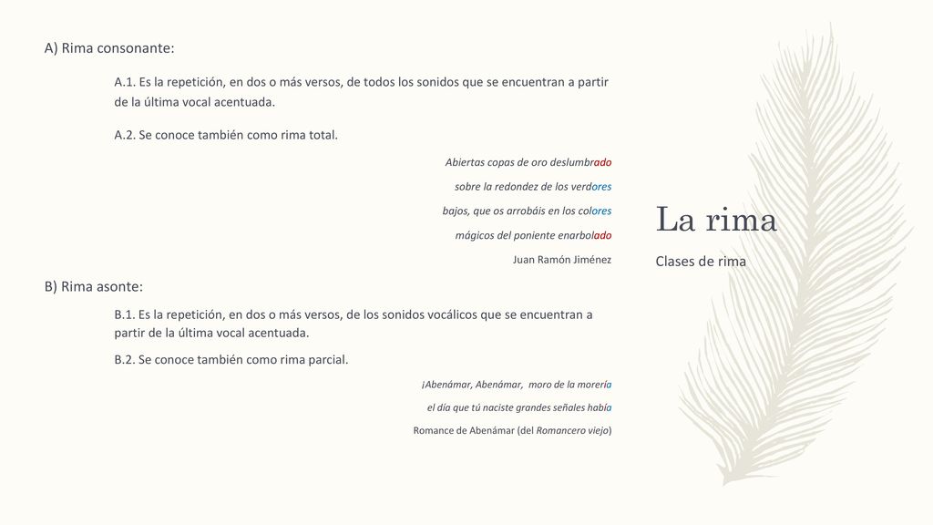 A) Rima consonante: A.1. Es la repetición, en dos o más versos, de todos los sonidos que se encuentran a partir de la última vocal acentuada.