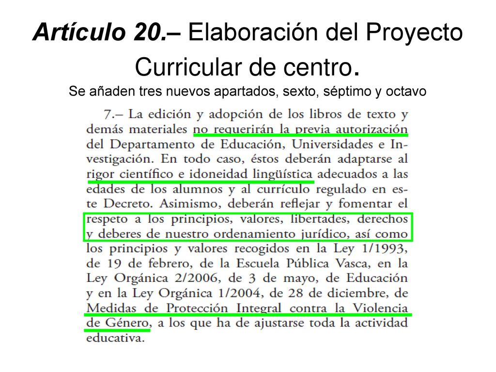 Artículo 20. – Elaboración del Proyecto Curricular de centro