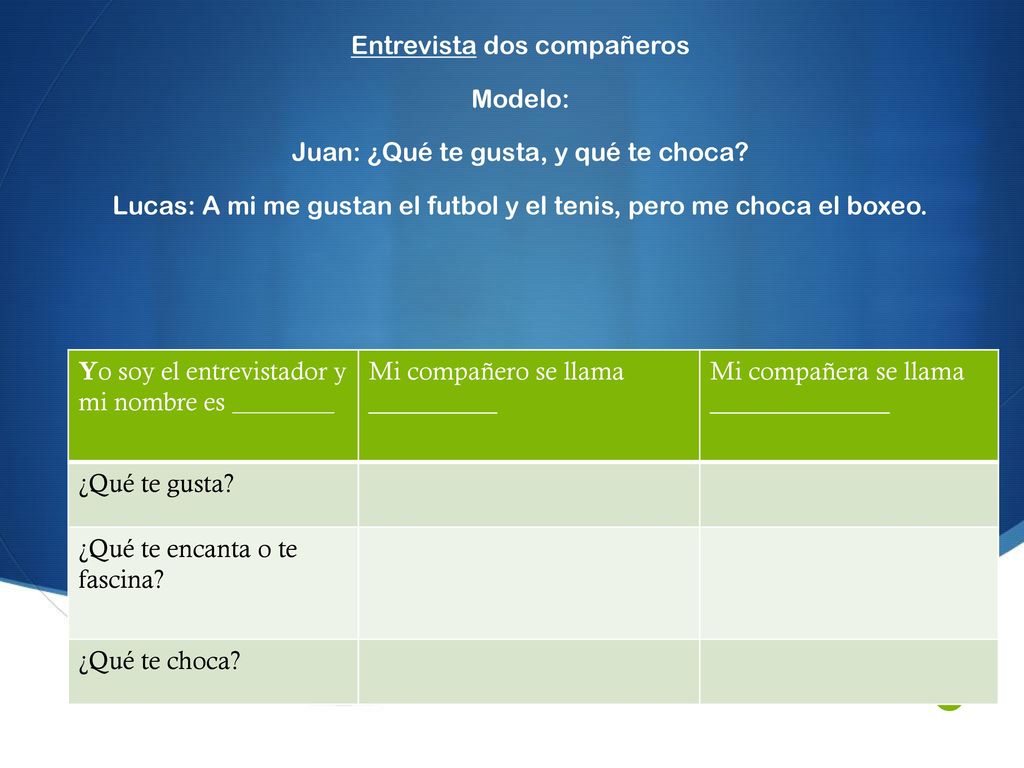 Entrevista dos compañeros Modelo: Juan: ¿Qué te gusta, y qué te choca