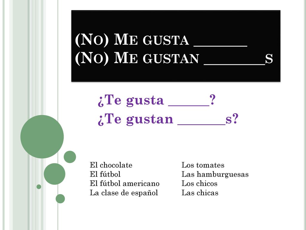 (No) Me gusta _______ (No) Me gustan ________s