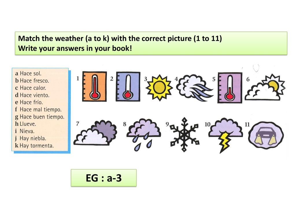 EG : a-3 Match the weather (a to k) with the correct picture (1 to 11)