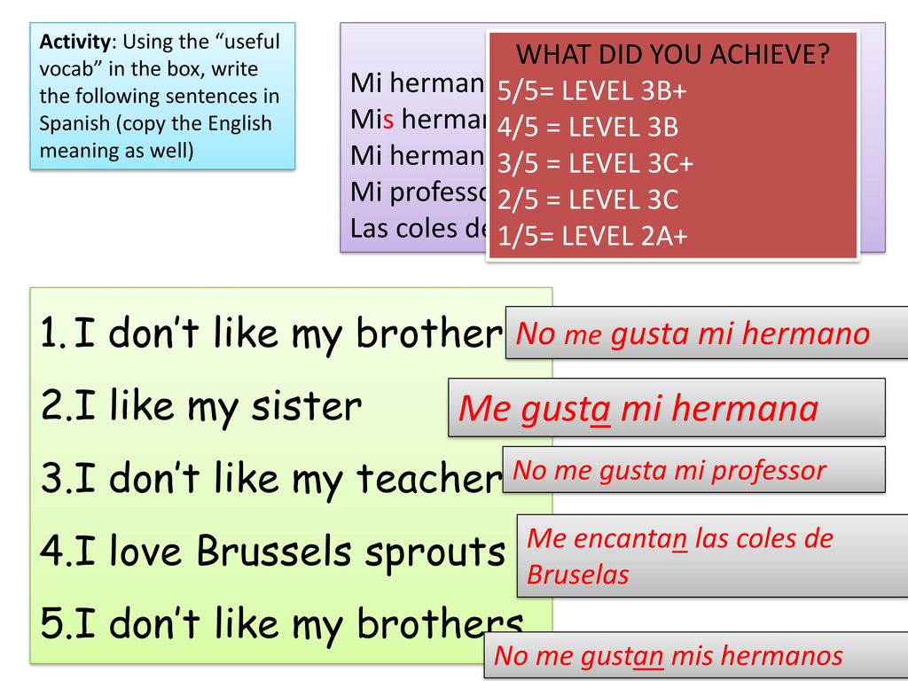 I love Brussels sprouts I don’t like my brothers Me gusta mi hermana